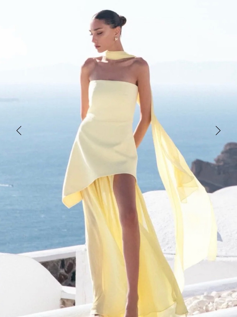 Strapless Yellow High-Low Gown with Scarf Detail